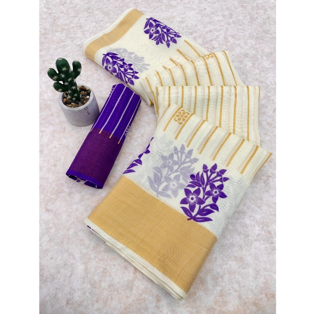 Generic Women's Cotton Blend Printed Saree With Unstitched Blouse (White, 5-5 Mtrs)