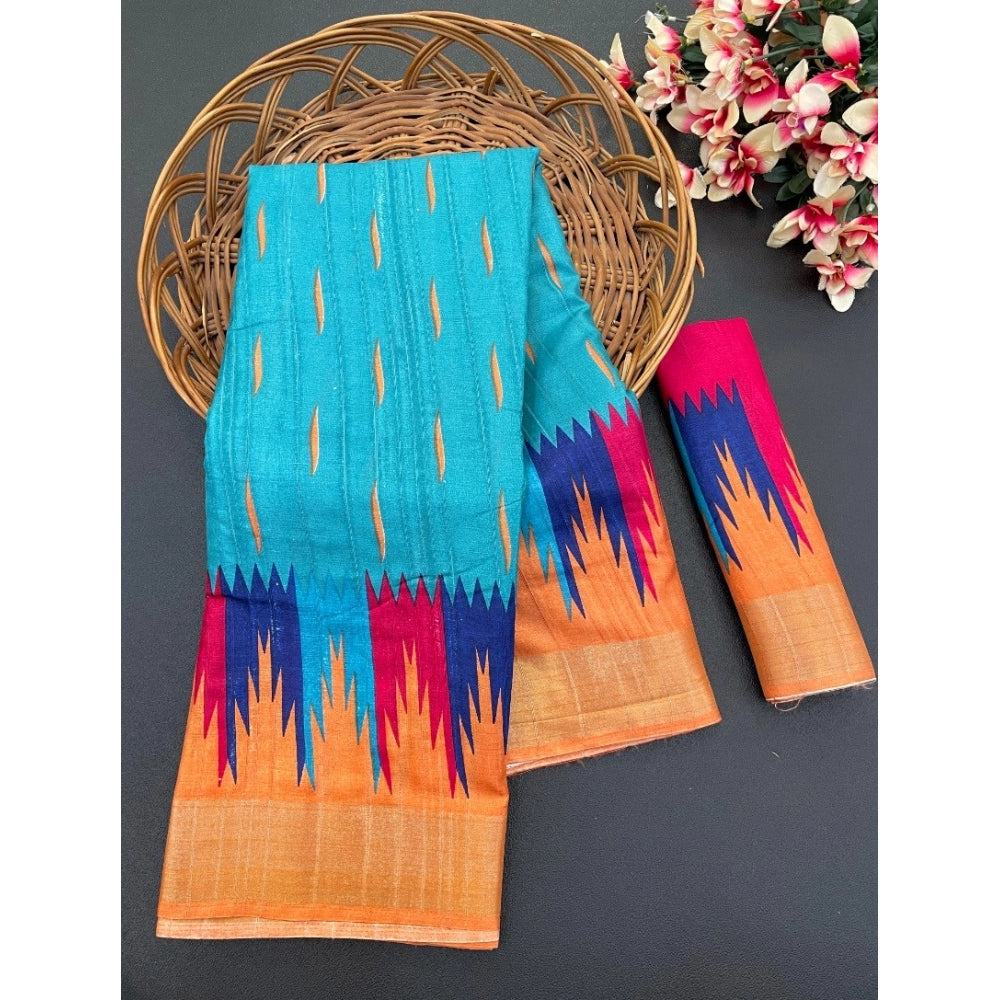 Generic Women's Cotton Blend Printed Saree With Unstitched Blouse (Blue, 5-5 Mtrs)