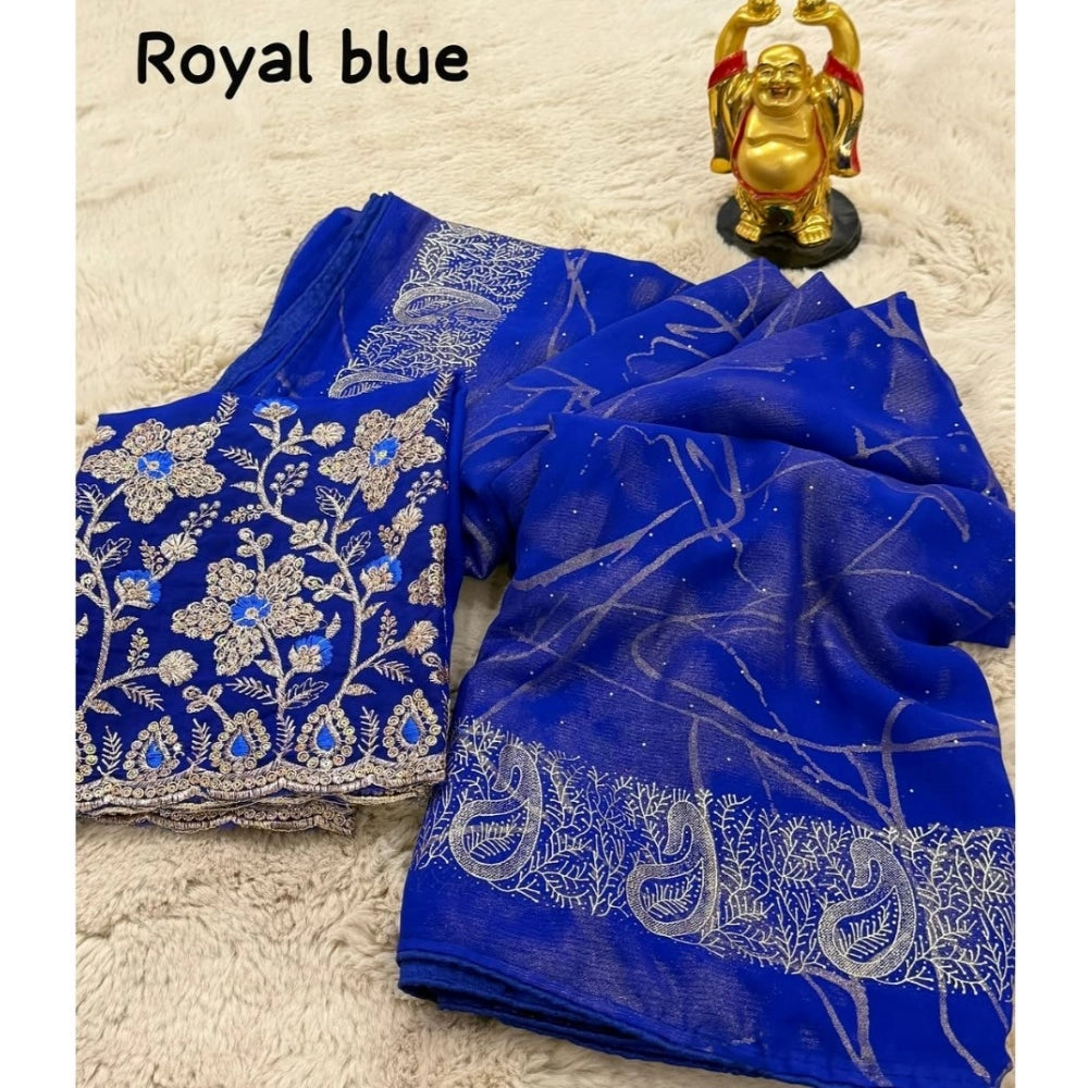 Generic Women's Georgette Printed Saree With Unstitched Blouse (Blue, 5-5 Mtrs)