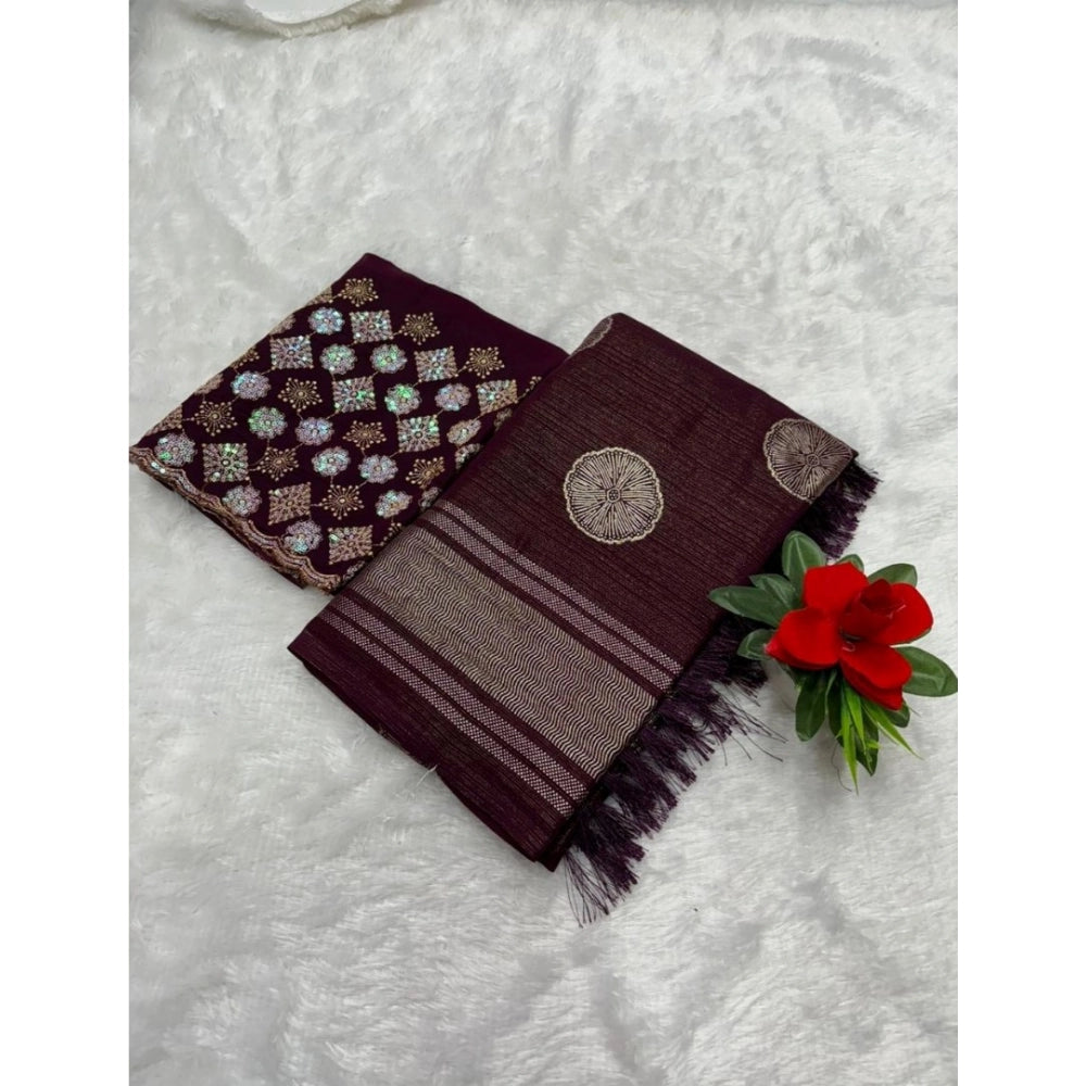 Generic Women's Georgette Printed Saree With Unstitched Blouse (Wine, 5-5 Mtrs)