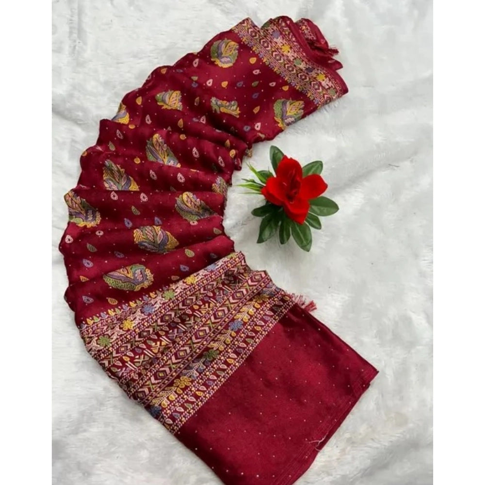 Generic Women's Chiffon Printed Saree With Unstitched Blouse (Red, 5-5 Mtrs)