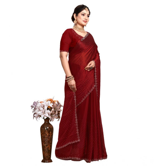 Generic Women's Georgette Satin Silk Saree With Unstitched Blouse 5.5Mtr (Red)