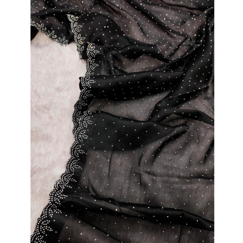 Generic Women's Georgette Satin Silk Saree With Unstitched Blouse 5.5Mtr (Black)