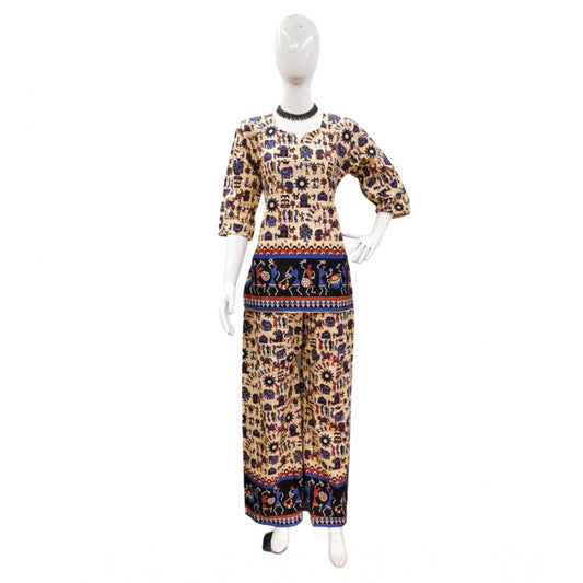 Generic Women's Cotton Jaipuri Printed 3-4th Sleeve Co ord Set (Multicolor)