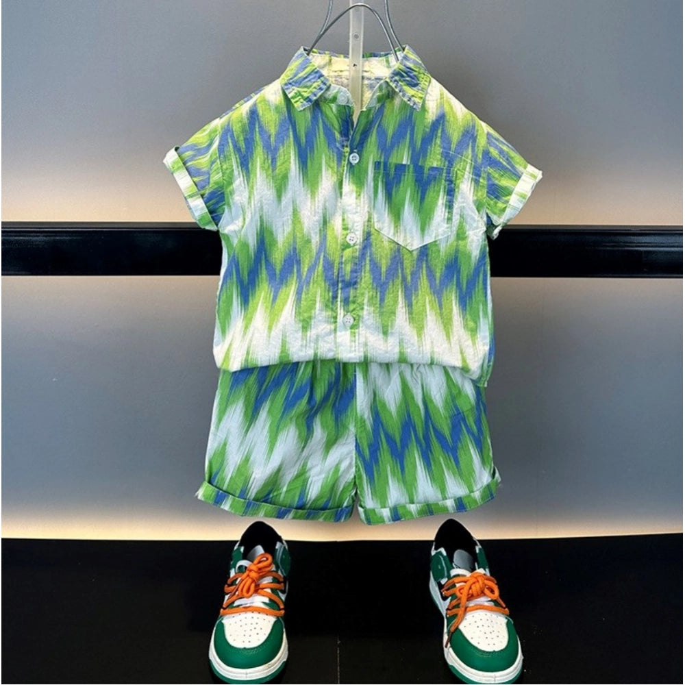 Generic Kid's Lycra Printed Casual wear Shirt And Shorts Set (Green)