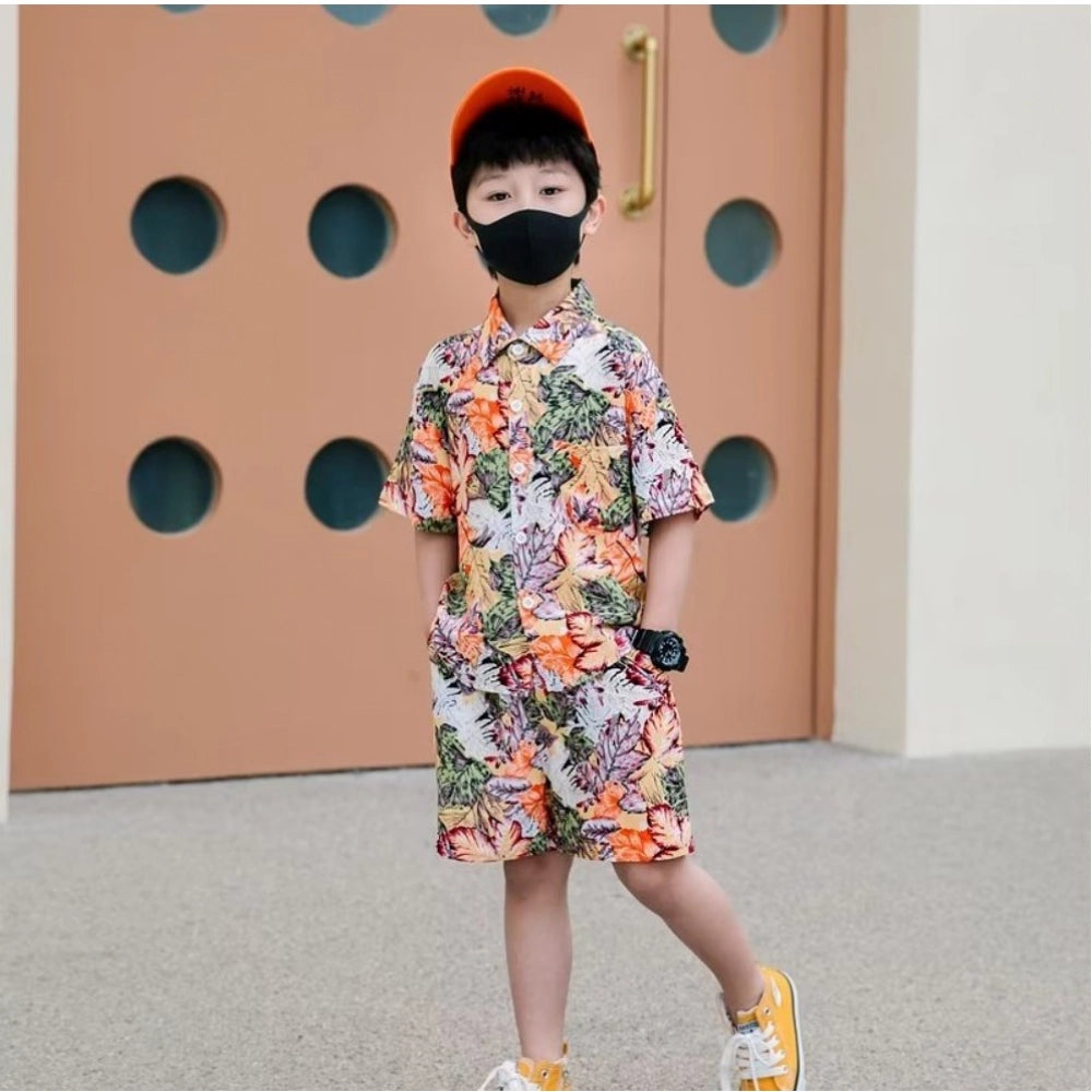 Generic Kid's Lycra Printed Casual wear Shirt And Shorts Set (Orange)