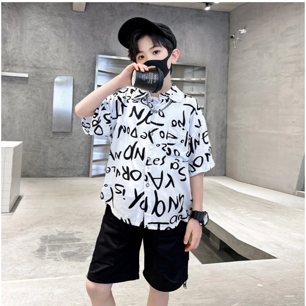 Generic Kid's Lycra Printed Casual wear Shirt And Shorts Set (White)