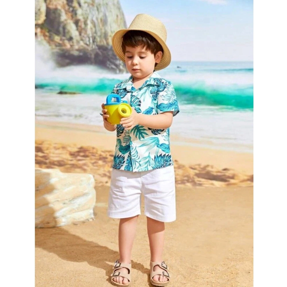 Generic Kid's Lycra Printed Casual wear Shirt And Shorts Set (White-Blue)