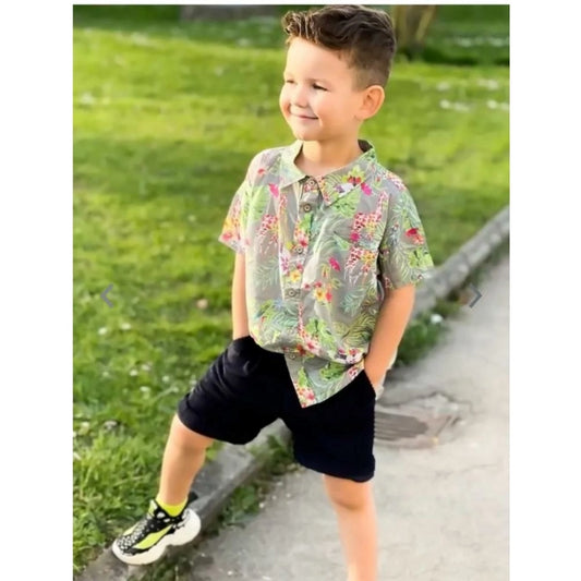 Generic Kid's Lycra Printed Casual wear Shirt And Shorts Set (Gray)