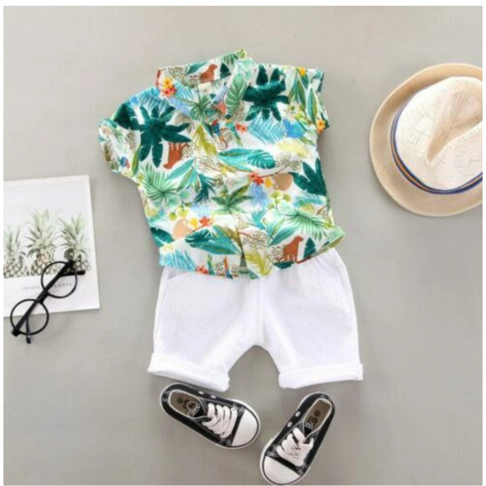 Generic Kid's Lycra Printed Casual wear Shirt And Shorts Set (Green)