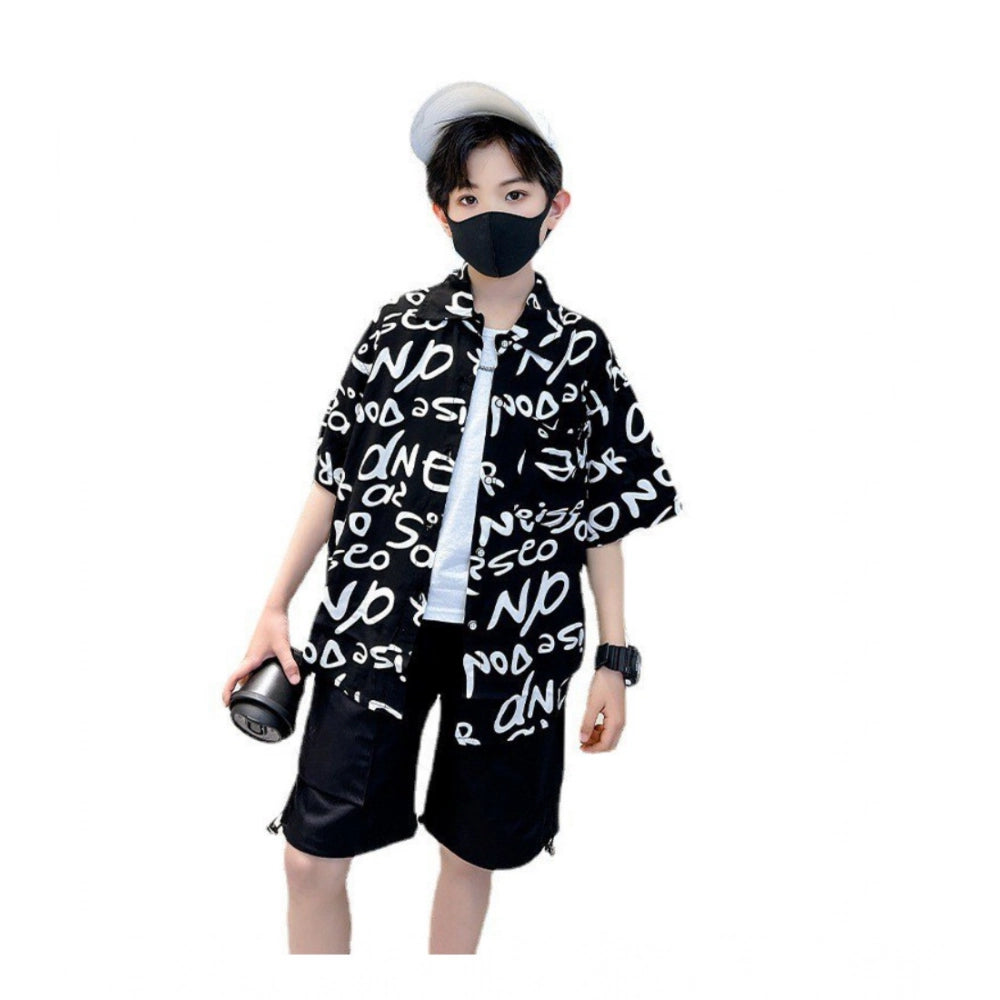 Generic Kid's Lycra Printed Casual wear Shirt And Shorts Set (Black)