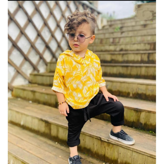 Generic Kid's Lycra Printed Casual wear Shirt And Shorts Set (Yellow)