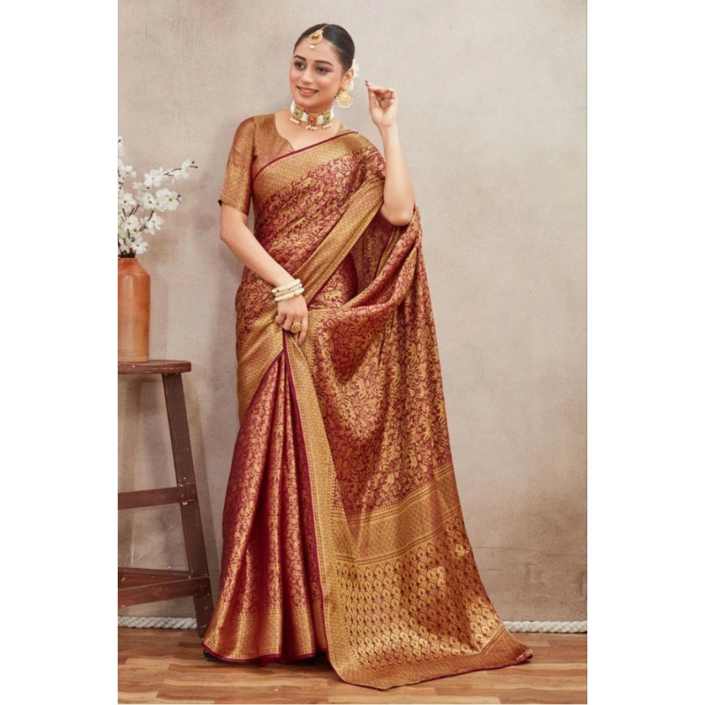 Generic Women's Silk Blend Floral Printed Saree With Unstitched Blouse 5.5Mtr (Brown)