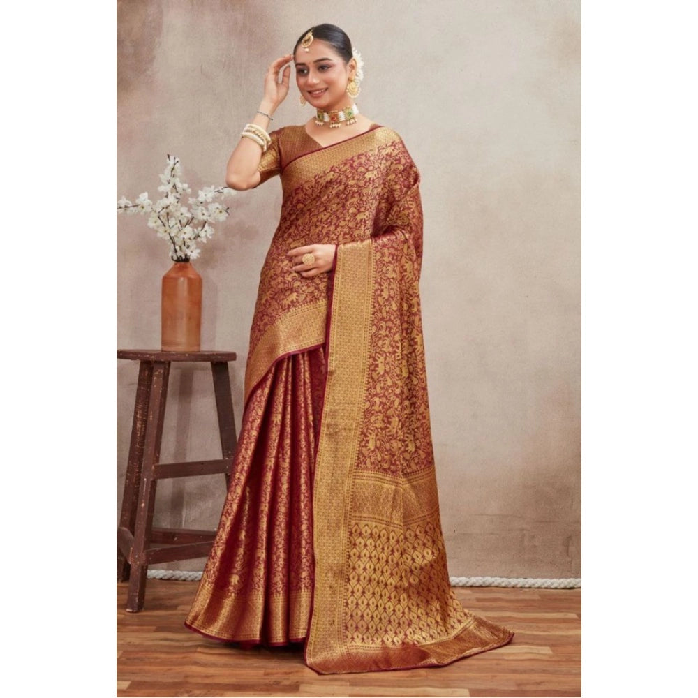 Generic Women's Silk Blend Floral Printed Saree With Unstitched Blouse 5.5Mtr (Brown)