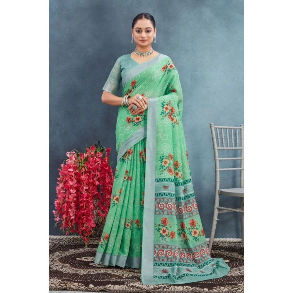 Generic Women's Linen Floral Printed Saree With Unstitched Blouse 5.5Mtr (Green)