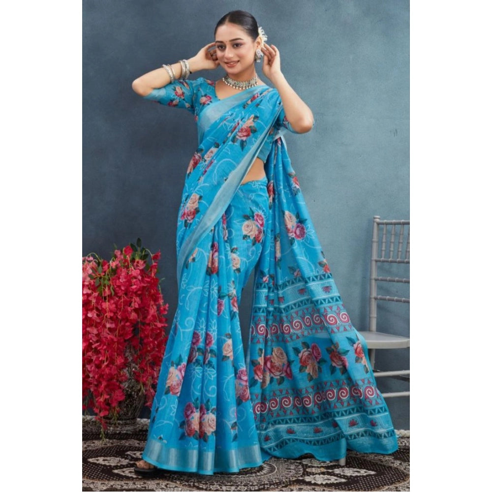 Generic Women's Linen Floral Printed Saree With Unstitched Blouse 5.5Mtr (Blue)