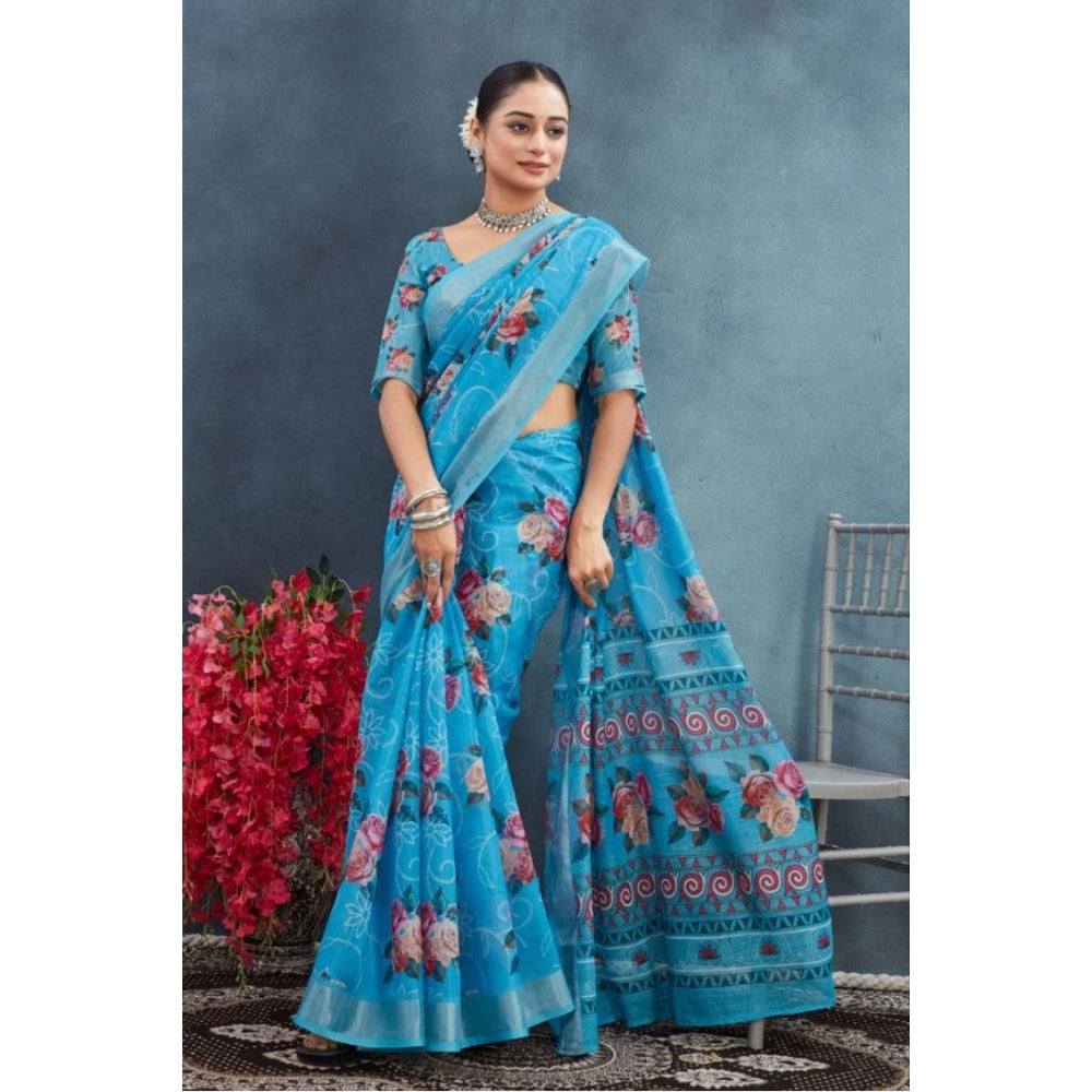 Generic Women's Linen Floral Printed Saree With Unstitched Blouse 5.5Mtr (Blue)