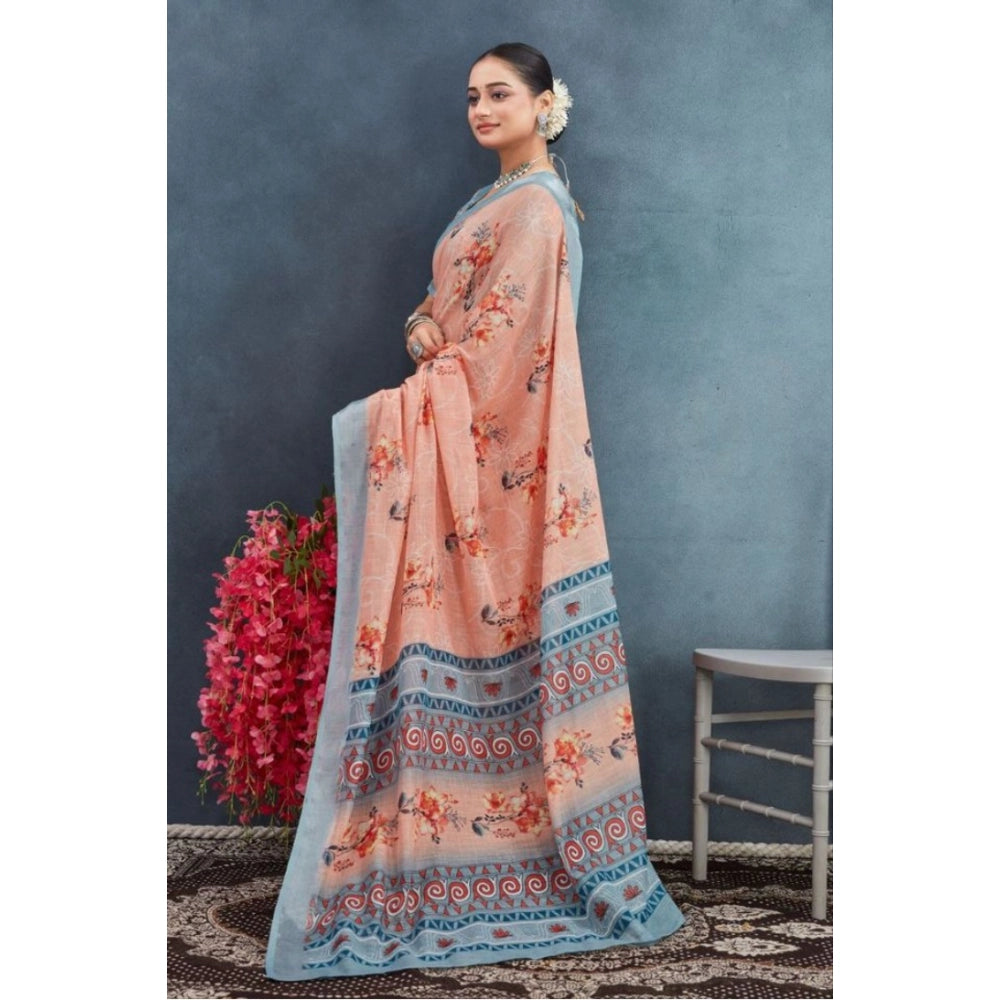 Generic Women's Linen Floral Printed Saree With Unstitched Blouse 5.5Mtr (Orange)