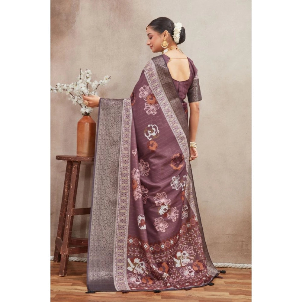 Generic Women's Crepe Silk Printed Saree With Unstitched Blouse 5.5Mtr (purple)
