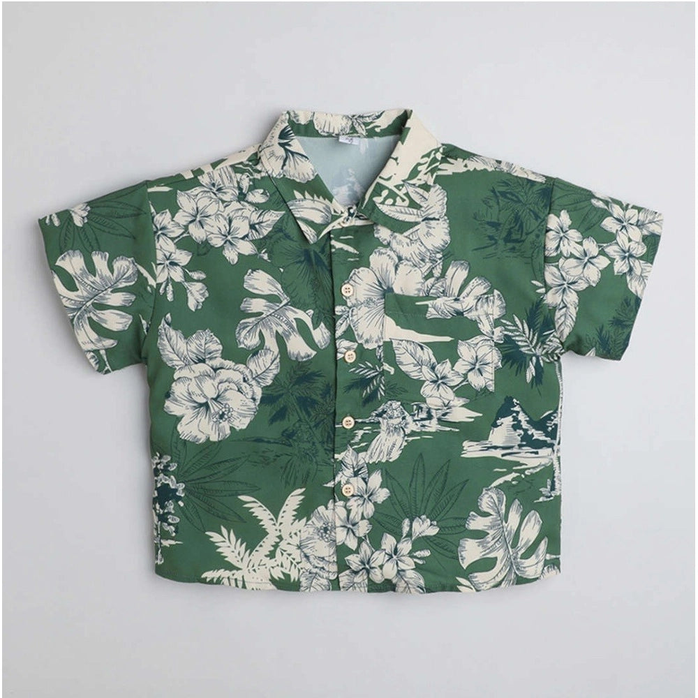 Generic Boy's Cotton Blend Printed Short Sleeve Shirt (Green)
