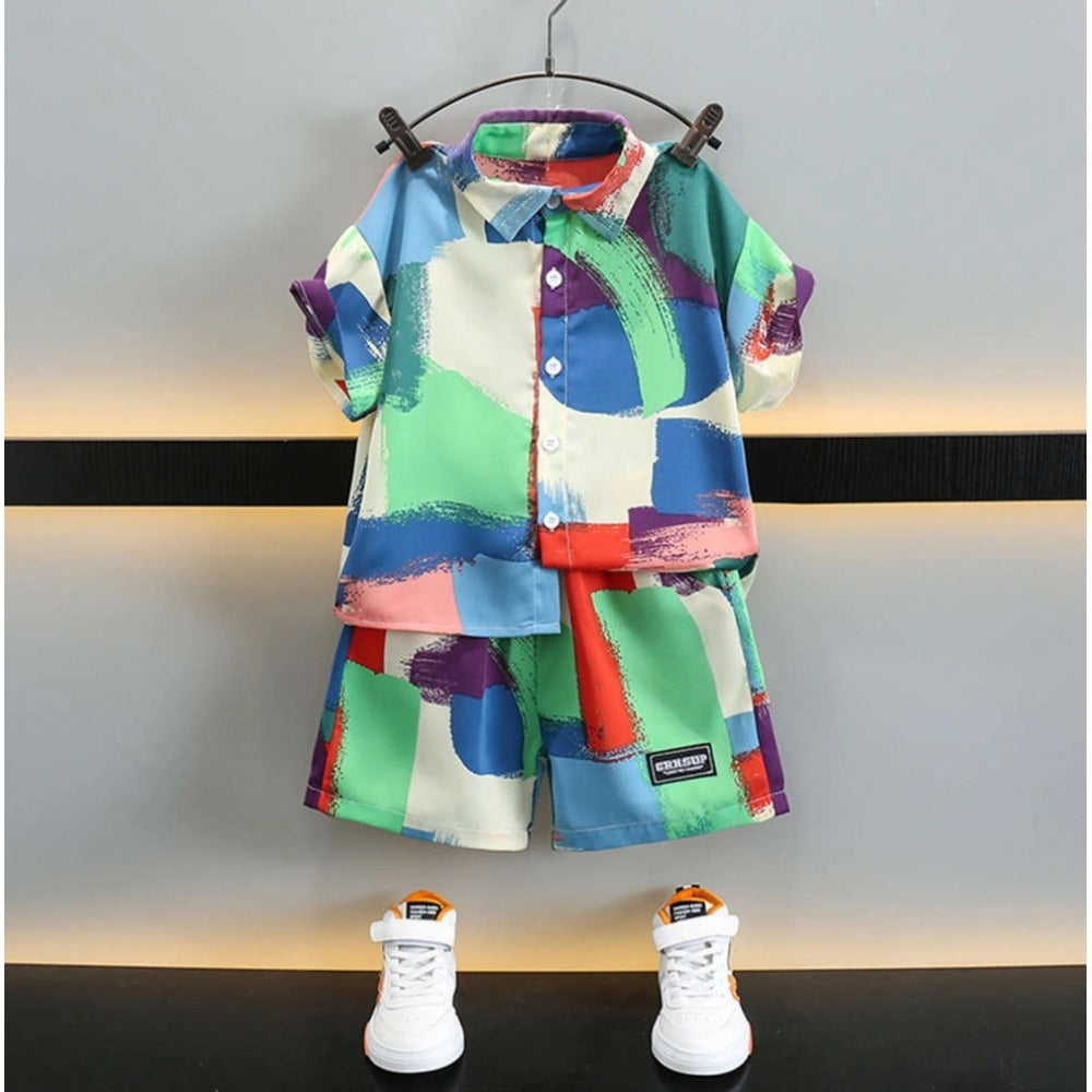 Generic Boy's Lycra Blend Printed Short Sleeve Shirt and Shorts Set (MultiColor)