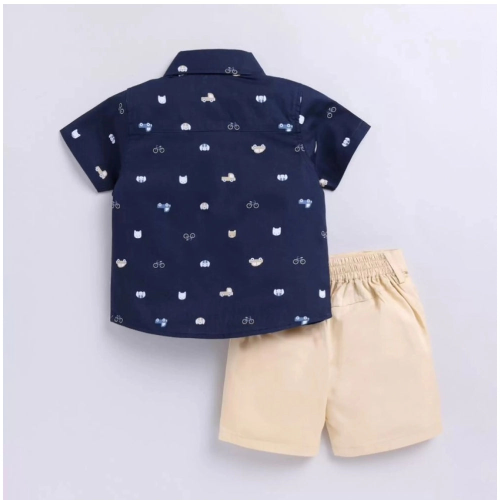 Generic Boy's Cotton Blend Printed Short Sleeve Shirt and Shorts Set (Navy Blue)