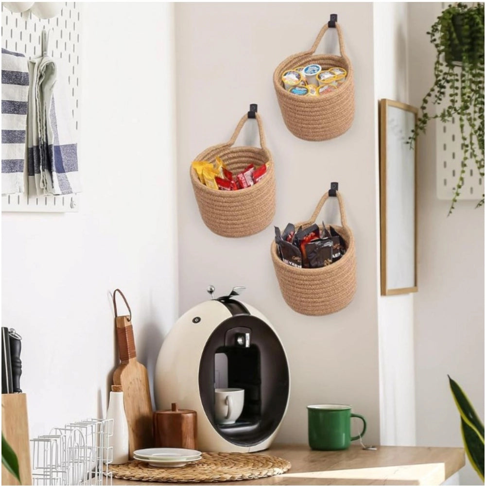 Generic Cotton Hanging Storage Small Basket Pack of 3 Storage Basket For Clothes (Brown)