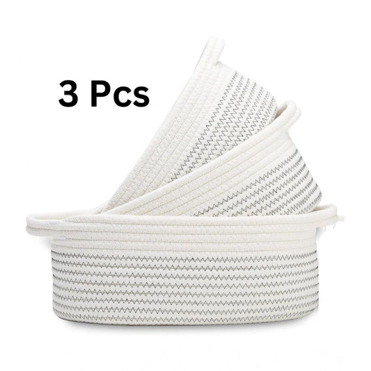 Generic Cotton Zigzag Oval Basket Pack of 3 Storage Basket For Clothes (White)